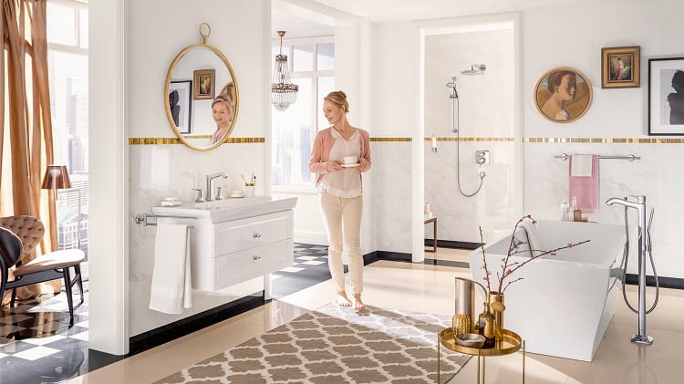 Woman Walking In Bathroom